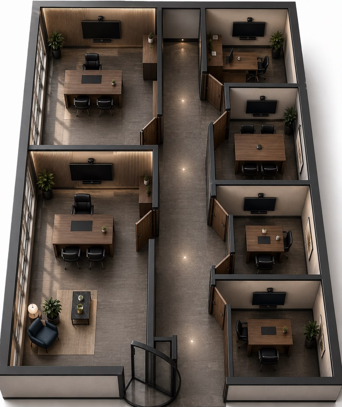 Private offices and meeting rooms within the club's co-working floor