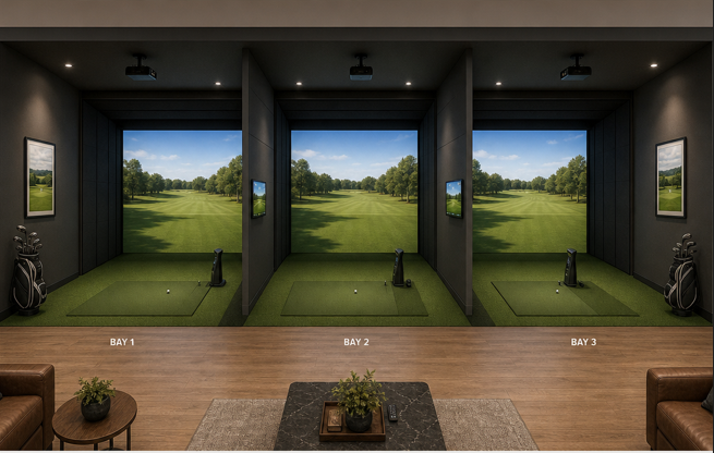 Three premium golf simulator bays inside the club, with a lounge seating area in the foreground