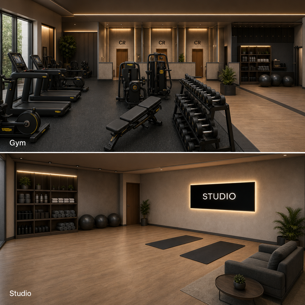 The club gym floor and adjoining studio space